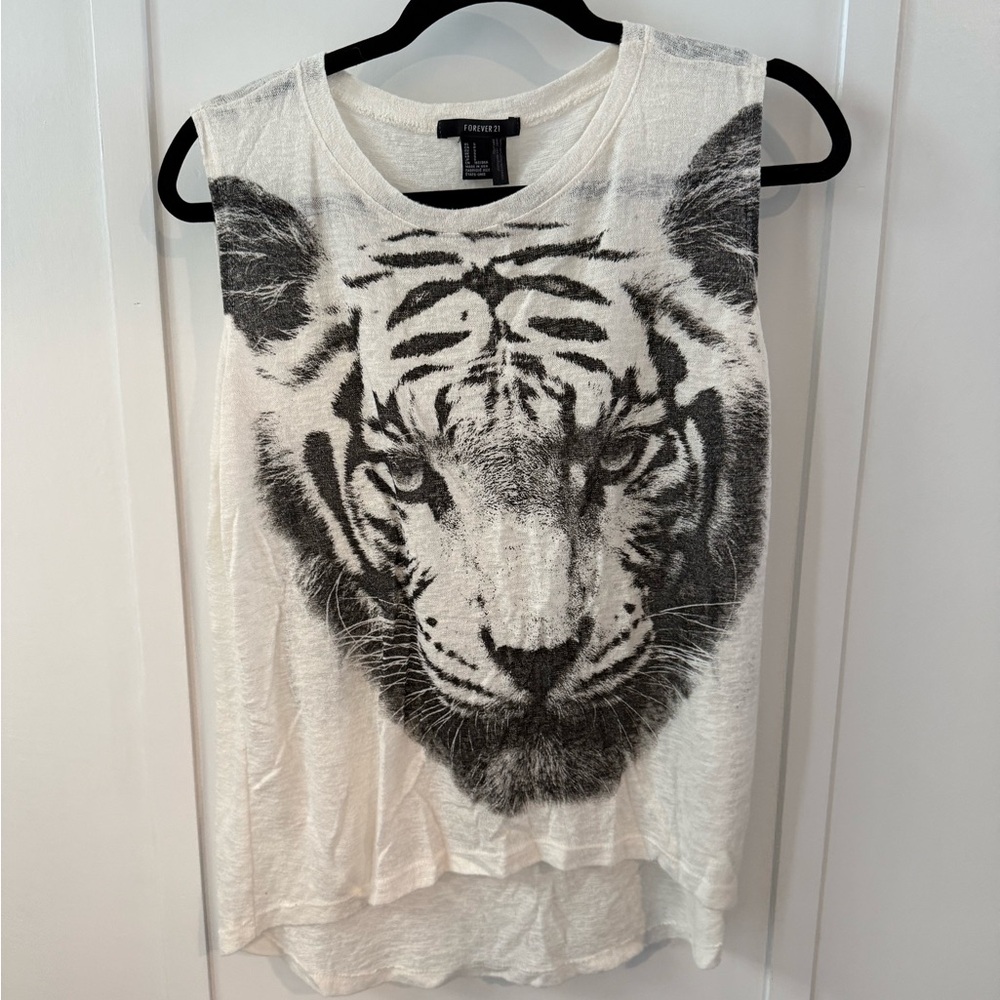 Forever 21 White Tiger Graphic Tank Top
